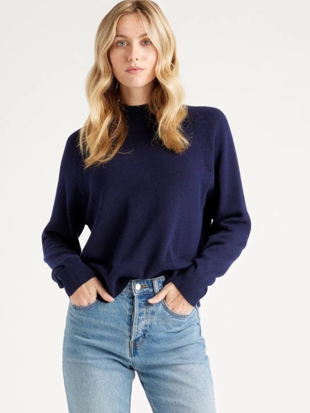 Quince Navy Organic Cotton Mockneck Sweater Size XS Classic Minimalist